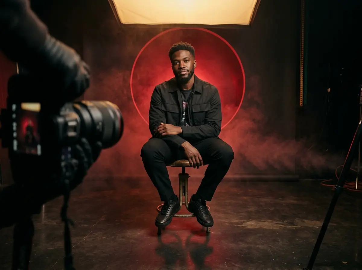 Casting photo Animal Shadow : créateur en shooting studio sous lumière rouge cinématique