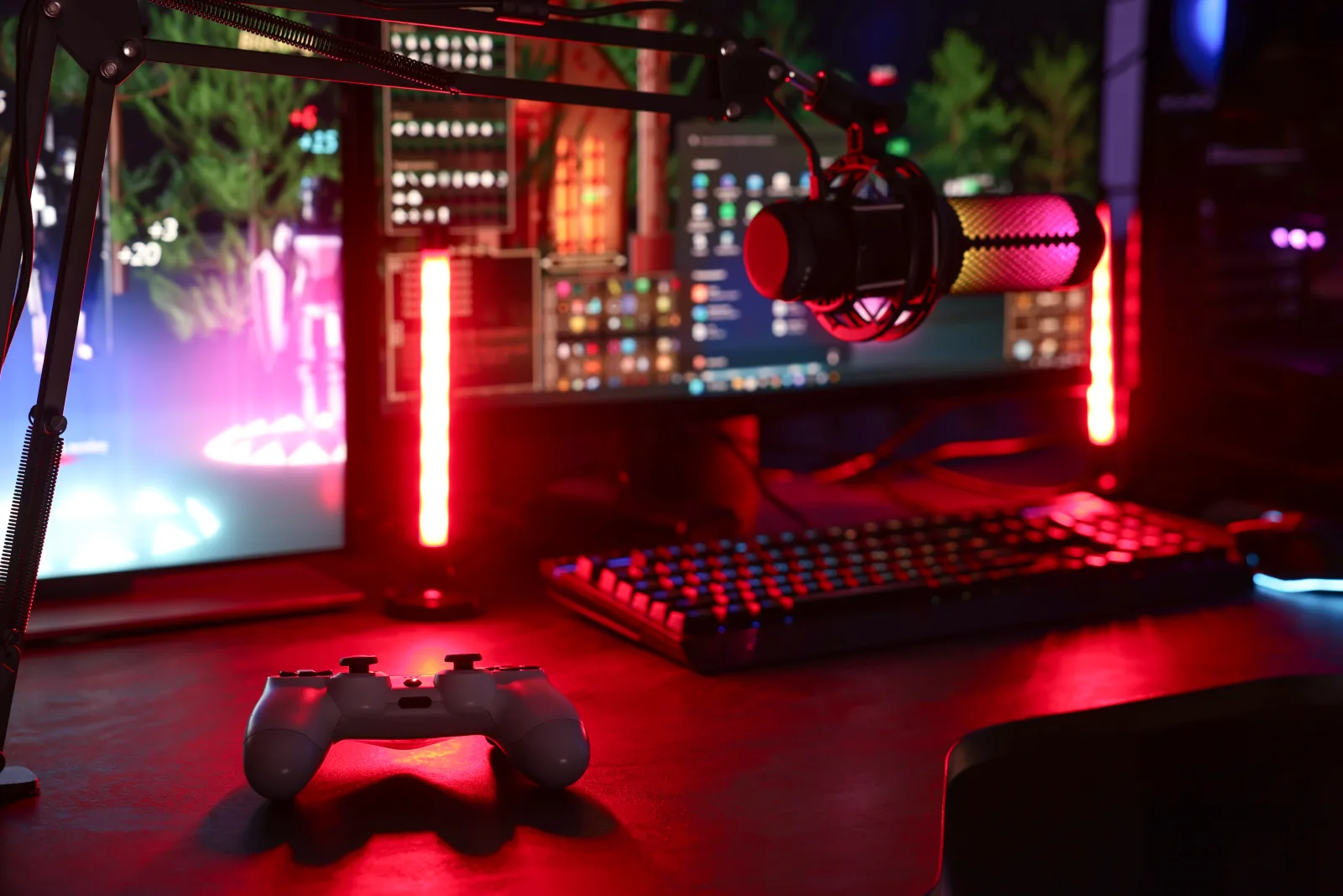 Setup de streaming baigné de lumière rouge